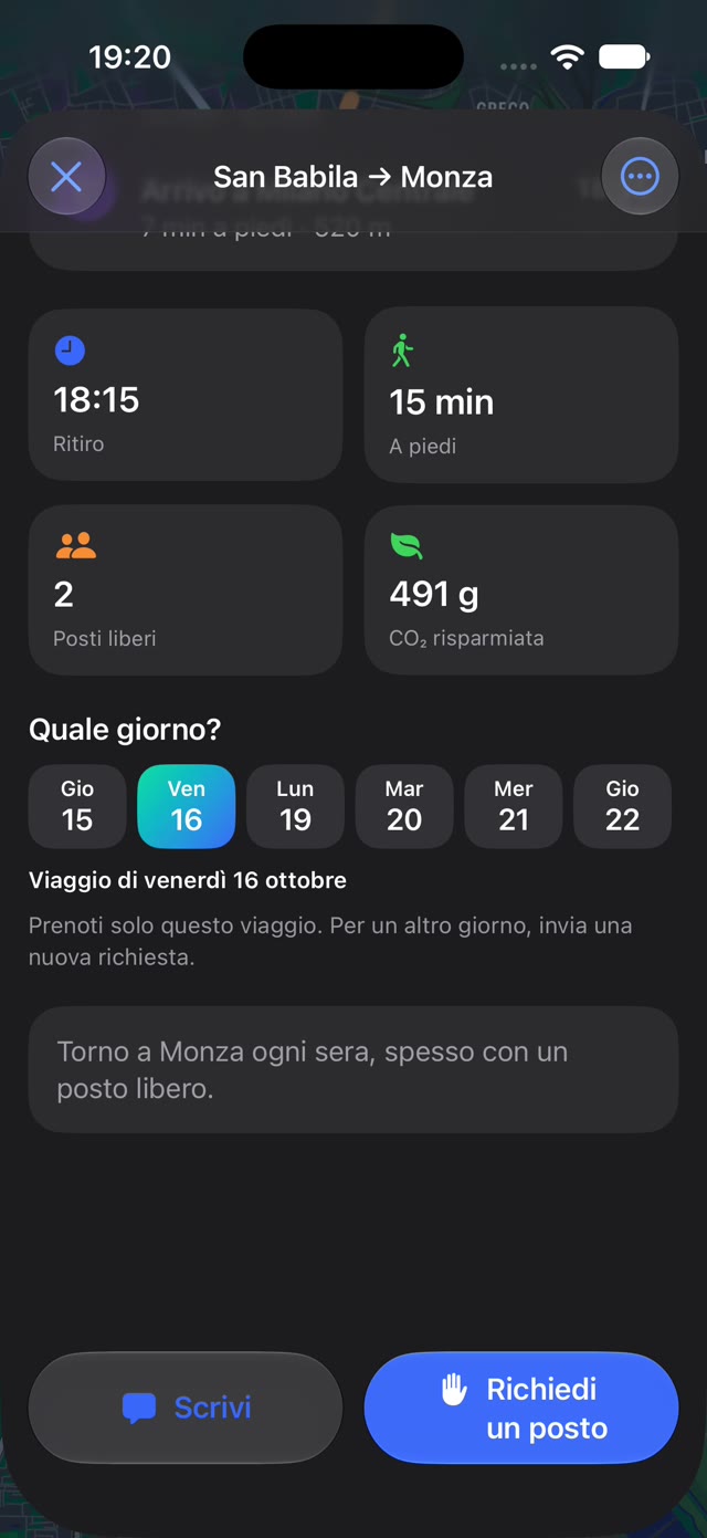Trip details with day picker, free seats and CO₂ saved
