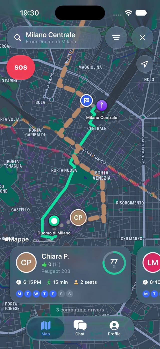Map with the route and compatible drivers, each with an affinity score