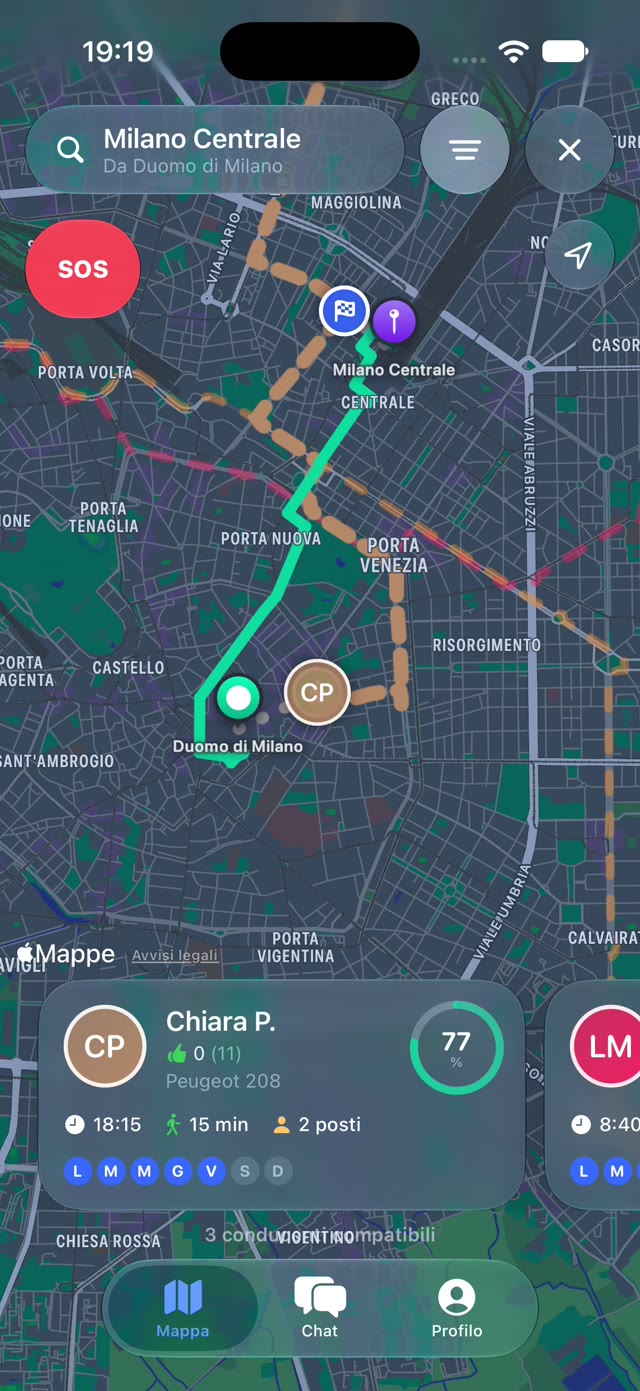 Mappa con il percorso e i conducenti compatibili, ognuno con il suo punteggio di affinità