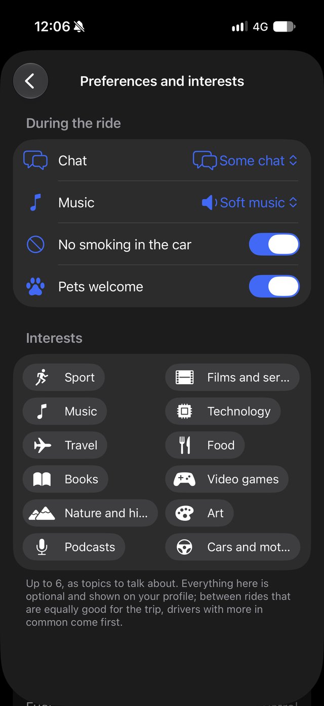 Preferences during the ride (chat, music, no smoking, pets welcome) and interests