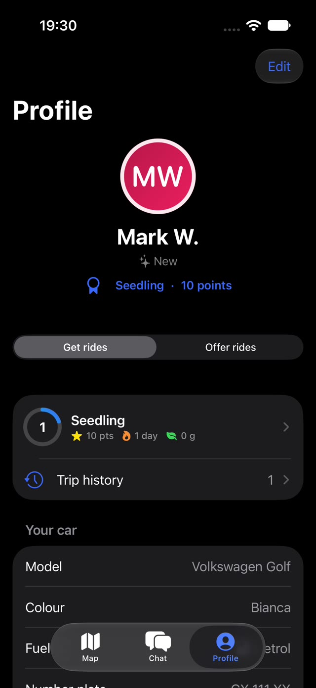 HopHola profile: switch between Get rides and Offer rides, with your level and points